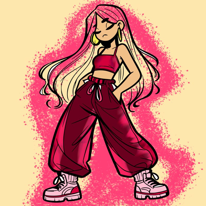 girl in baggy pants crop top and long hair
