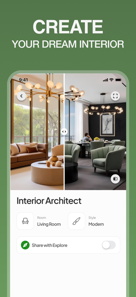 Interior Design: Home Decor AI - Interfaz de aplicación móvil para diseño de interiores y estilo de habitaciones impulsado por IA