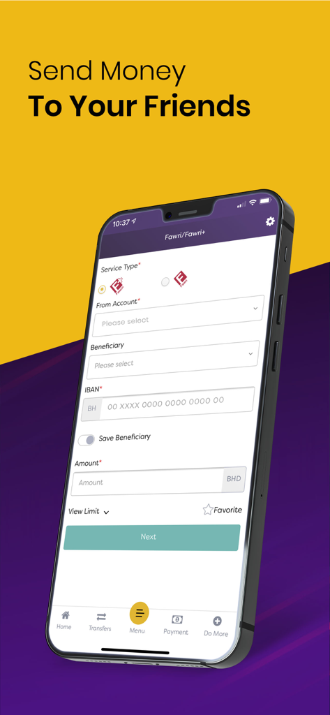 BisB Mobile app screenshot showing the Fawri transfer interface for sending money to friends