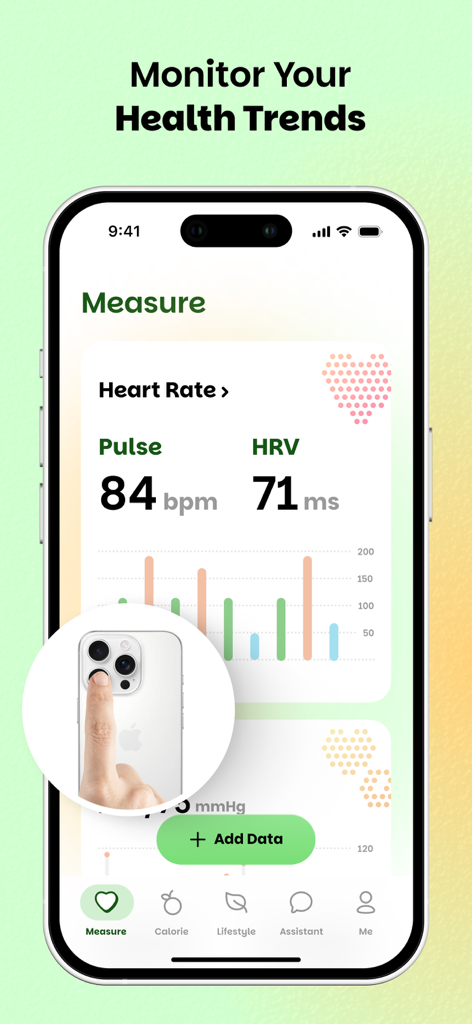 Wellify - Simplify Wellness - Wellifyアプリのインターフェース。心拍数とHRV測定機能とカメラセンサーのチュートリアルを表示。