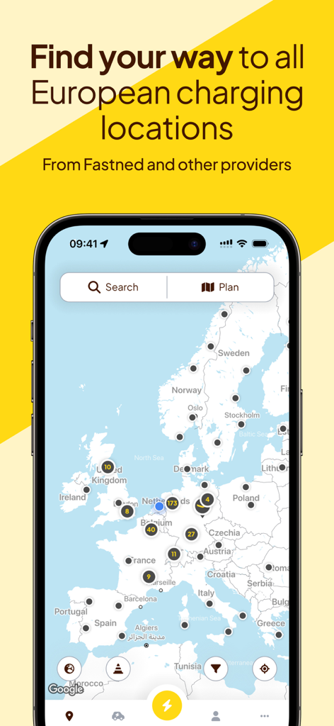 유럽 전역의 전기 자동차 충전소를 보여주는 Fastned 앱 지도