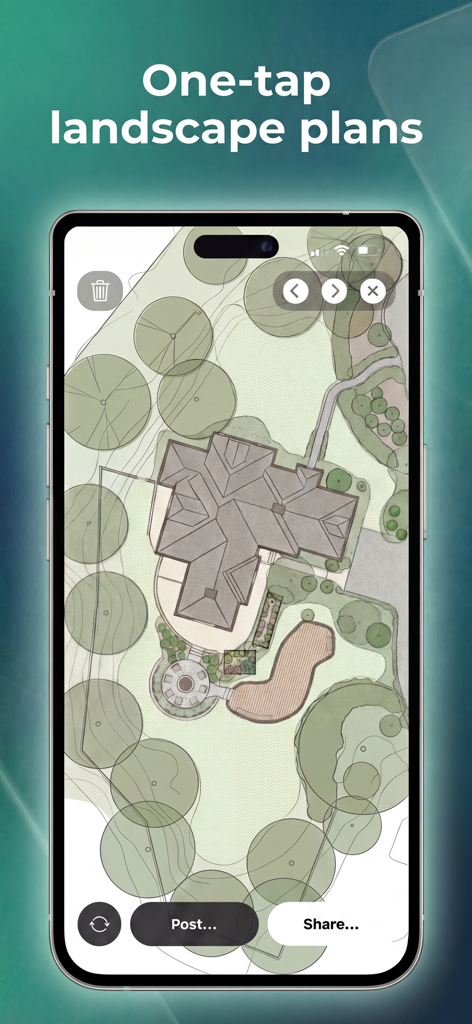 Sow: Garden & Landscape Design - Vue aérienne d'un plan paysager d'une maison et d'un jardin sur un écran de téléphone portable.