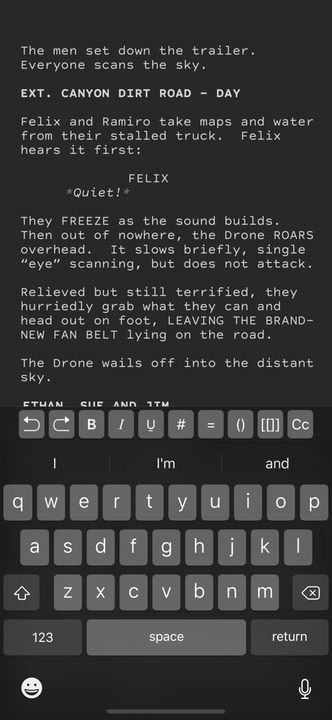 Slugline: Simply Screenwriting - Slugline app screenplay editor in dark mode on an iPhone