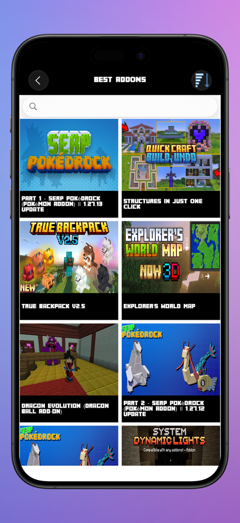 Ein Bildschirm, der verschiedene beliebte Minecraft PE Addons und eine Suchleiste zeigt