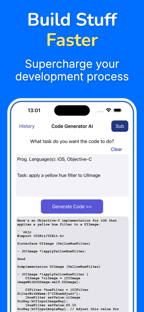 Interface do aplicativo móvel Developer AI mostrando código Objective-C gerado para um filtro de imagem iOS