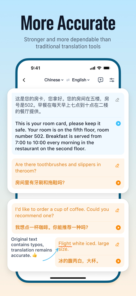A mobile interface of the TransGull app showing accurate AI-powered dialog translation between Chinese and English even with typos.