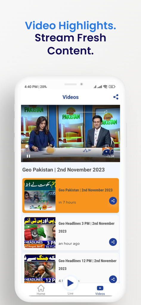Interface do aplicativo Geo News mostrando a seção de destaques de vídeo e streaming com manchetes de notícias.