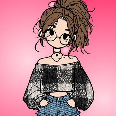 girl with a messy ponytail glasses a baggy crop top and jean shorts