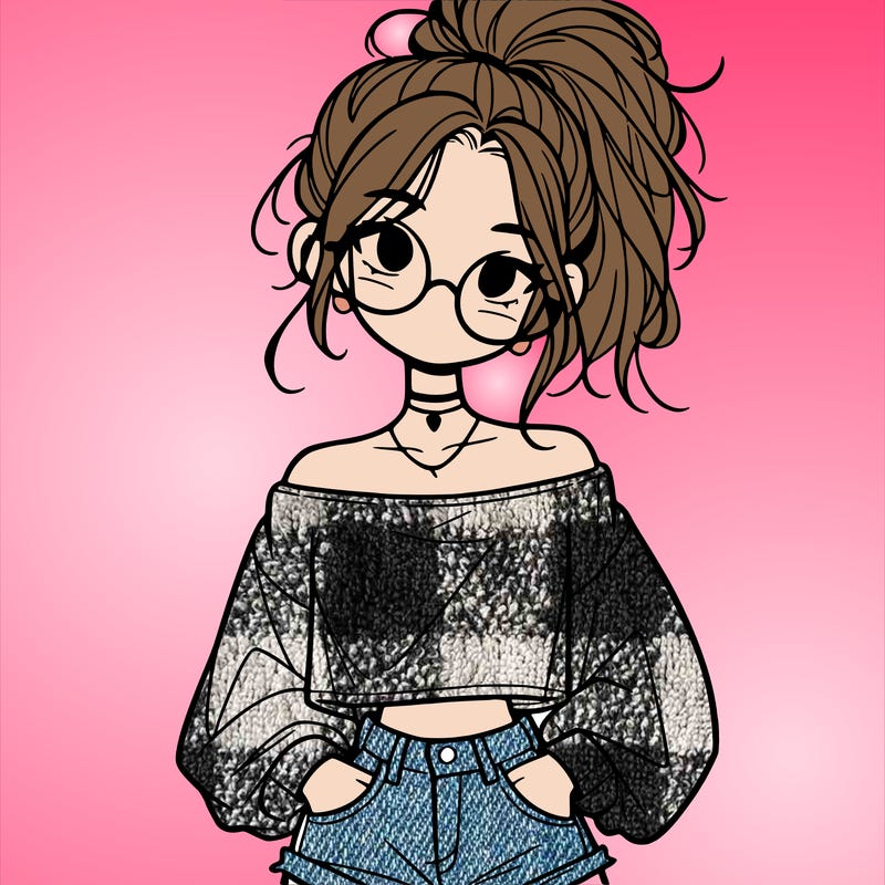 girl with a messy ponytail glasses a baggy crop top and jean shorts