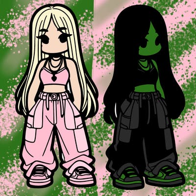 girl in baggy pants crop top and long hair