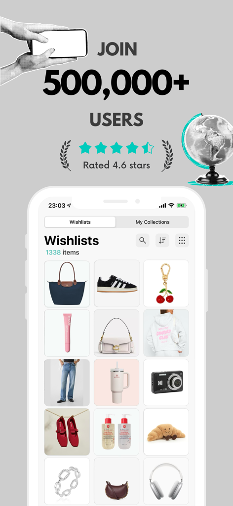 WISHUPON - Shopping Wishlist - A mobile screen displaying a curated wishlist on the WISHUPON app with a banner highlighting over 500000 users and a 4.6 star rating.