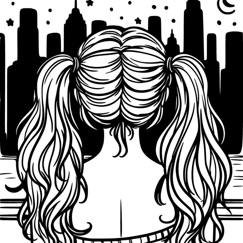 back of girl staring at nightime city skyline