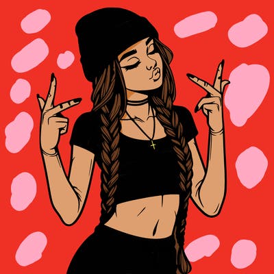 realistic teenage girl with braids and a beanie and crop top doing 🫶🏼