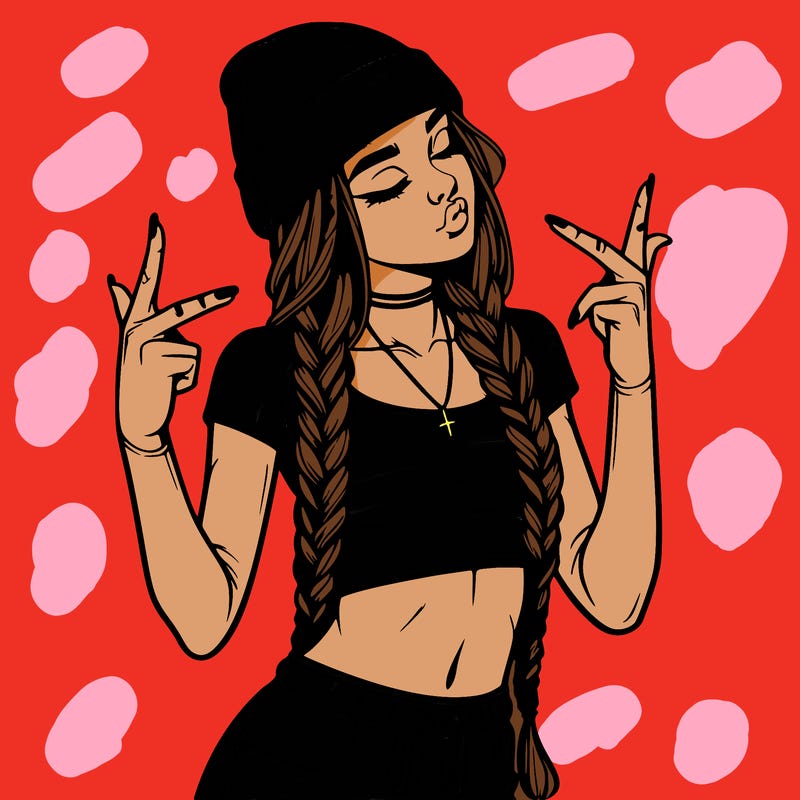 realistic teenage girl with braids and a beanie and crop top doing 🫶🏼