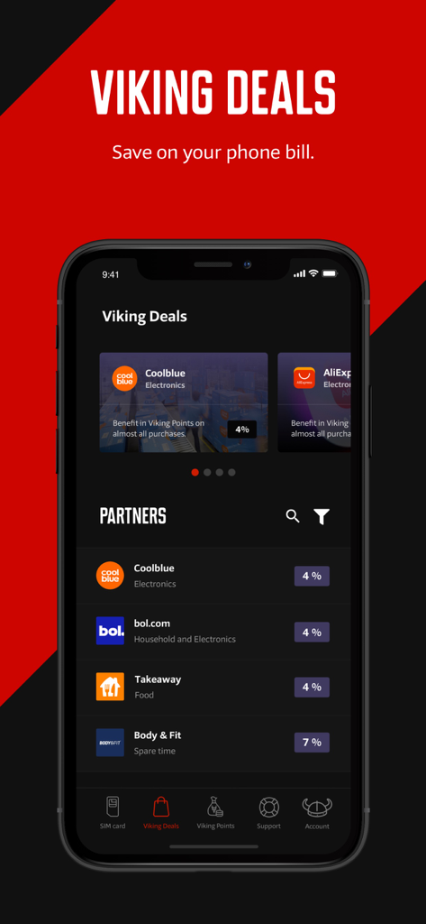 Viking Deals Bildschirm in der My Viking App mit Anzeige von Cashback-Belohnungen und Rabatten von Partnergeschäften.