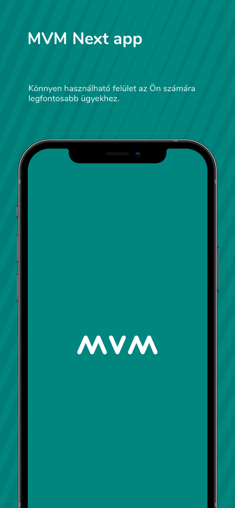 MVM Next - MVM Next mobile app splash screen on a smartphone featuring the company logo and Hungarian introductory text.