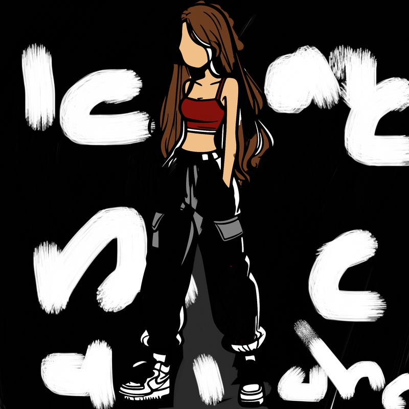 girl in baggy pants crop top and long hair