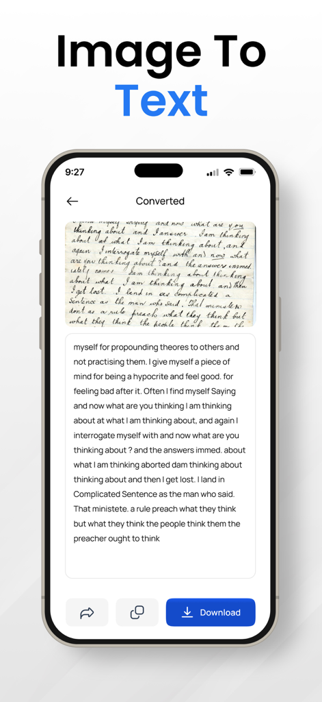 Image Converter to JPG－PDF－PNG - A mobile app interface showing handwritten notes being converted into digital text
