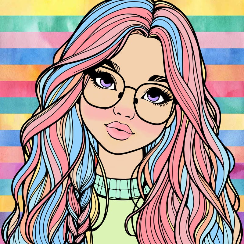 girl with long hair and freckles and glasses realistic