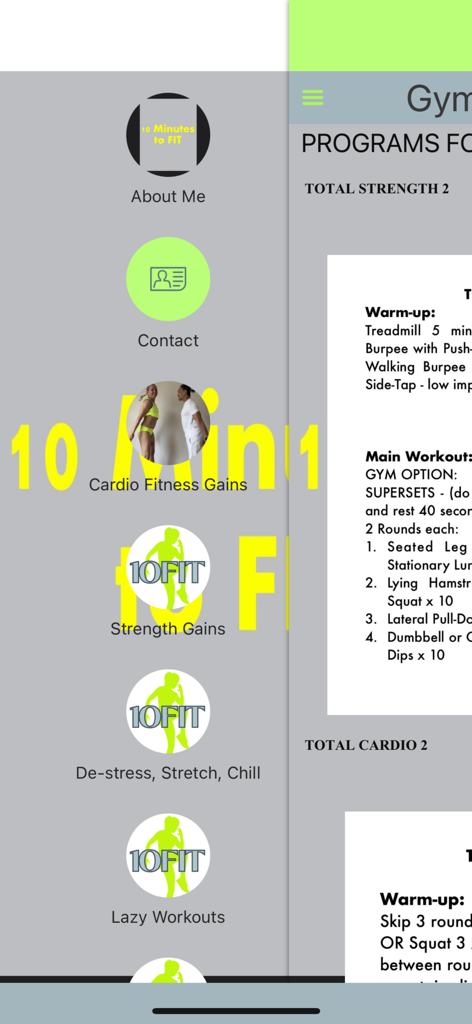 HOME WORKOUTS - 10FIT - Menú lateral de la aplicación 10FIT mostrando categorías de entrenamiento como cardio, fuerza y estiramiento.