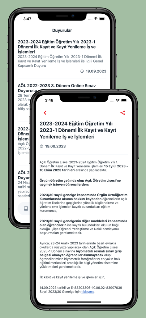 Announcements screen of the AOL Soru app showing registration and enrollment dates for the Turkish Open High School