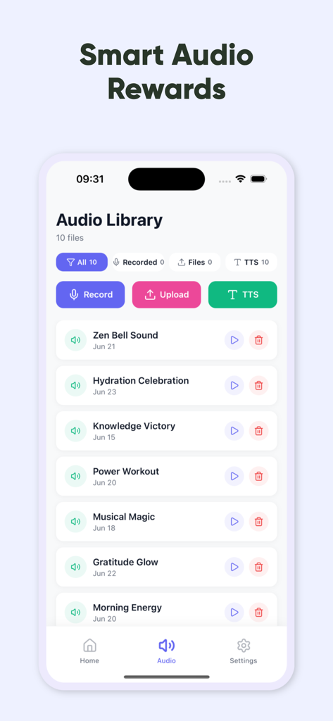 Interface de l'application Rodjo montrant la bibliothèque audio avec diverses récompenses personnalisées pour l'achèvement des habitudes