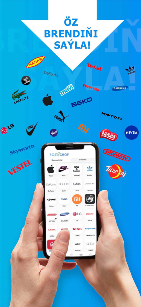 PostShop - A person holding a smartphone displaying the PostShop app with a wide selection of international brand logos for mobile shopping