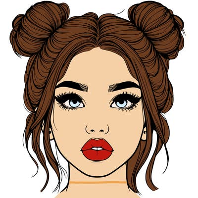 realistic girl with two buns on her hair and lips