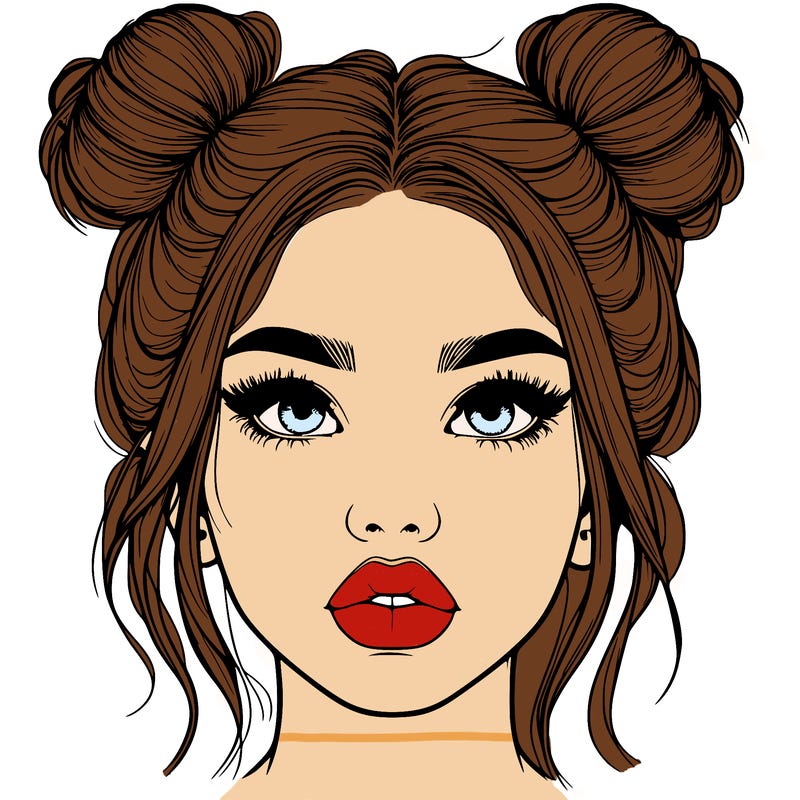 realistic girl with two buns on her hair and lips