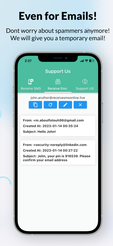 Interface of the Receive SMS Online app displaying a temporary email inbox with a verification PIN from LinkedIn.