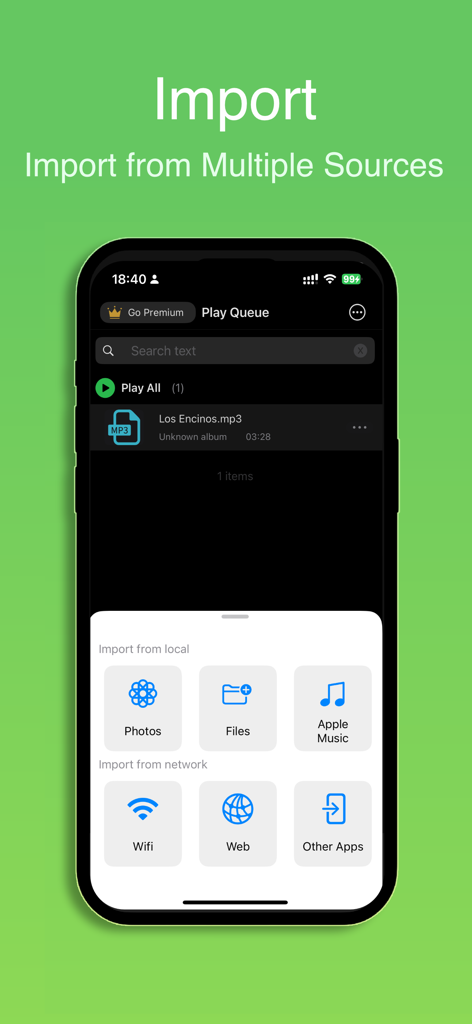 Any MP3 Player - Offline Music - A mobile interface for Any MP3 Player showing options to import music from Photos, Files, Apple Music, Wifi, Web, and other apps.