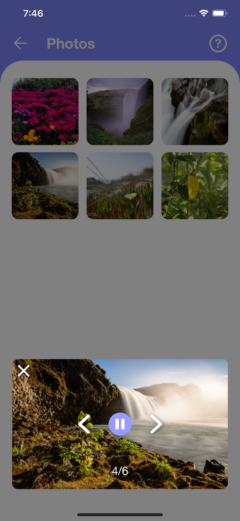 滝の画像とナビゲーションコントロールを特徴とする、画面ミラーリング アプリの写真プレビュー画面