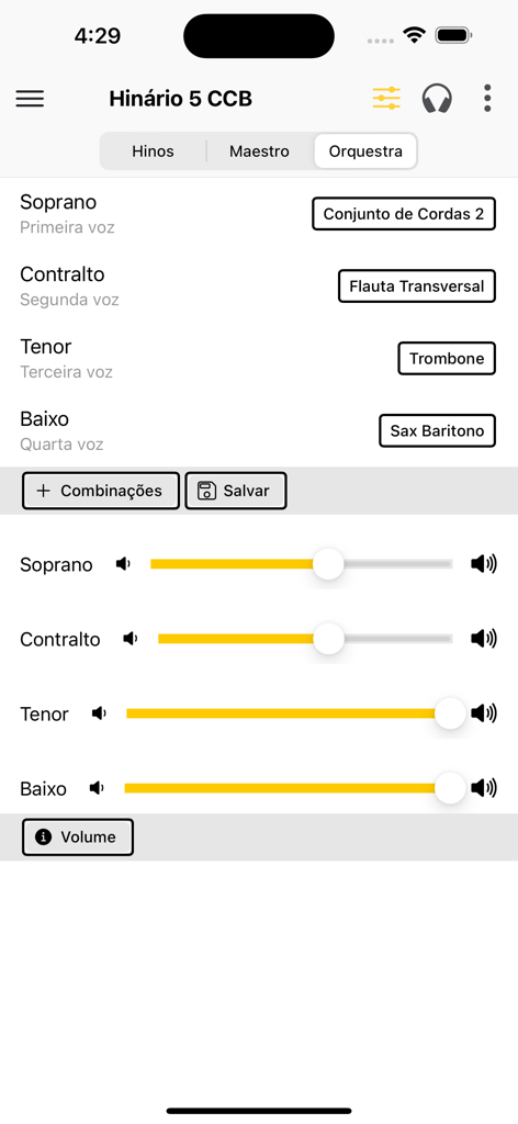 Hinário 5 CCB - Orchestra voice mixer in the Hinario 5 CCB app with volume sliders for soprano contralto tenor and bass