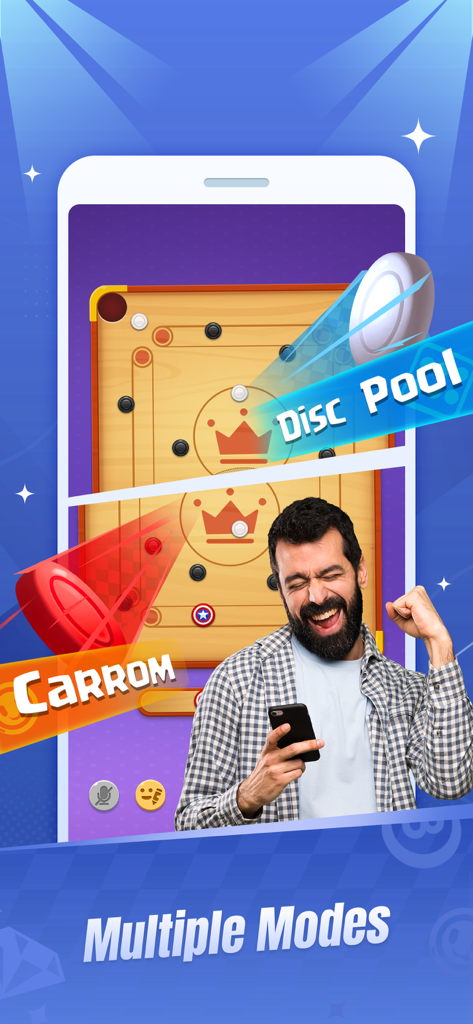 Man cheering with phone showing Carrom and Disc Pool games on Party Star app