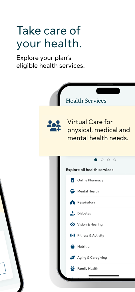 my Sun Life (Canada) - my Sun Life Canada의 건강 서비스 및 가상 진료 옵션을 보여주는 모바일 앱 화면.