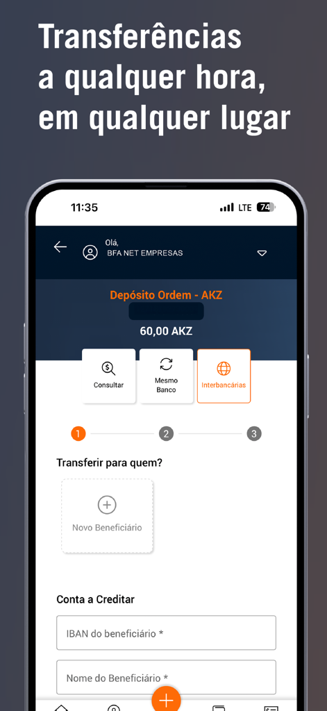 BFA Net Empresas - Tela do aplicativo móvel BFA Net Empresas para fazer transferências bancárias, mostrando campos para IBAN e beneficiário.