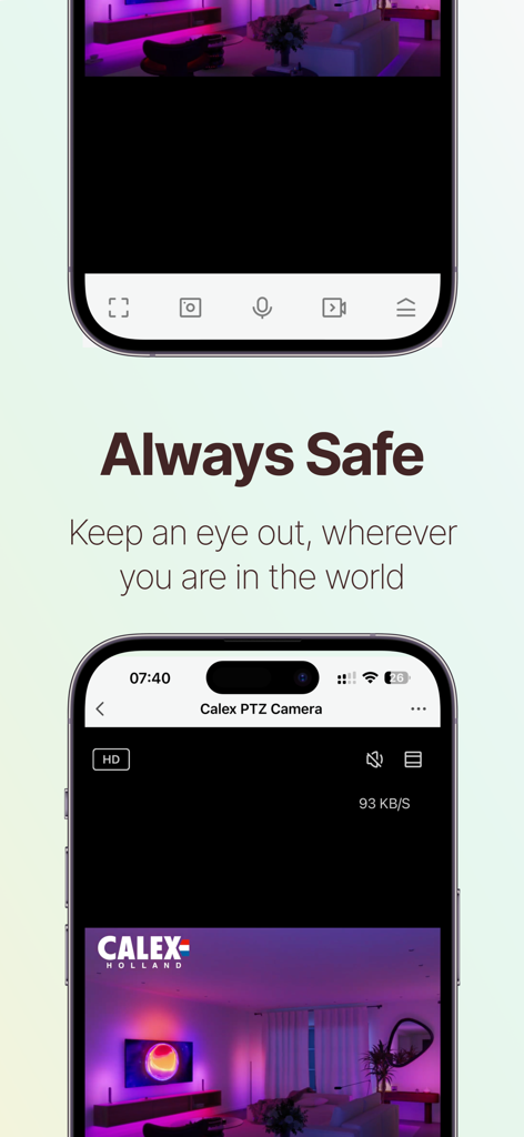 Calex Smart - Benutzeroberfläche der Calex Smart App zeigt einen Live-Sicherheitskamera-Feed auf einem Smartphone.