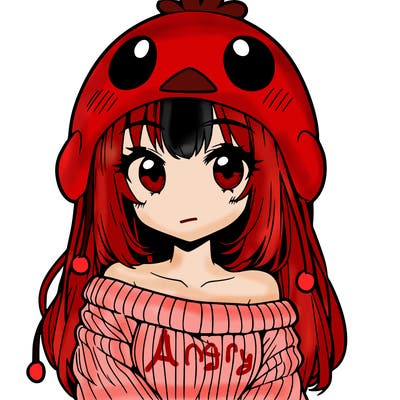 anime girl with chick shaped hat with sweater with bare shoulders with bangs covering them one eye with low tail