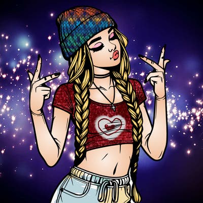 realistic teenage girl with braids and a beanie and crop top doing 🫶🏼