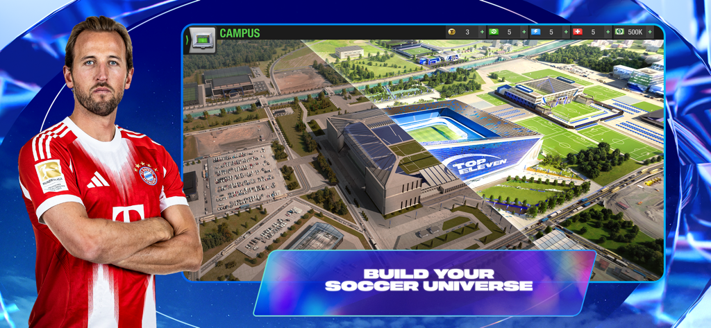 Top Eleven Be a Soccer Manager - Juego de gestión de fútbol Top Eleven que muestra la personalización del campus del estadio y Harry Kane.