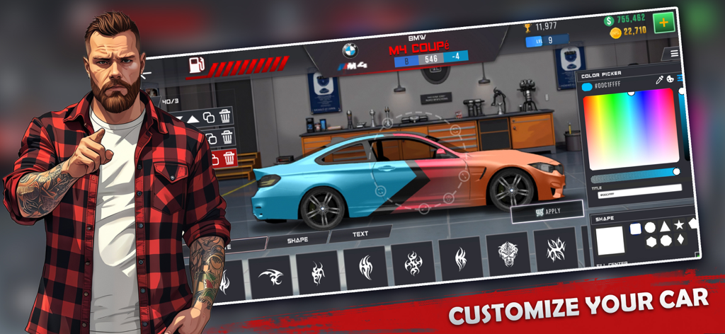 Car customization interface in Nitro Speed Drag Racing NS featuring a blue and orange BMW M4 Coupé