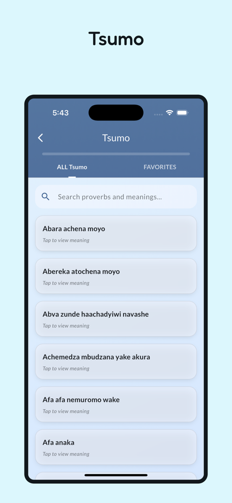 Una interfaz móvil de la aplicación Duramazwi mostrando una lista de proverbios Shona titulada Tsumo con una barra de búsqueda.