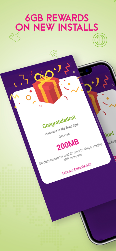 My-Zong app welcome screen showing 6GB rewards for new installs and a daily 200MB data bonus