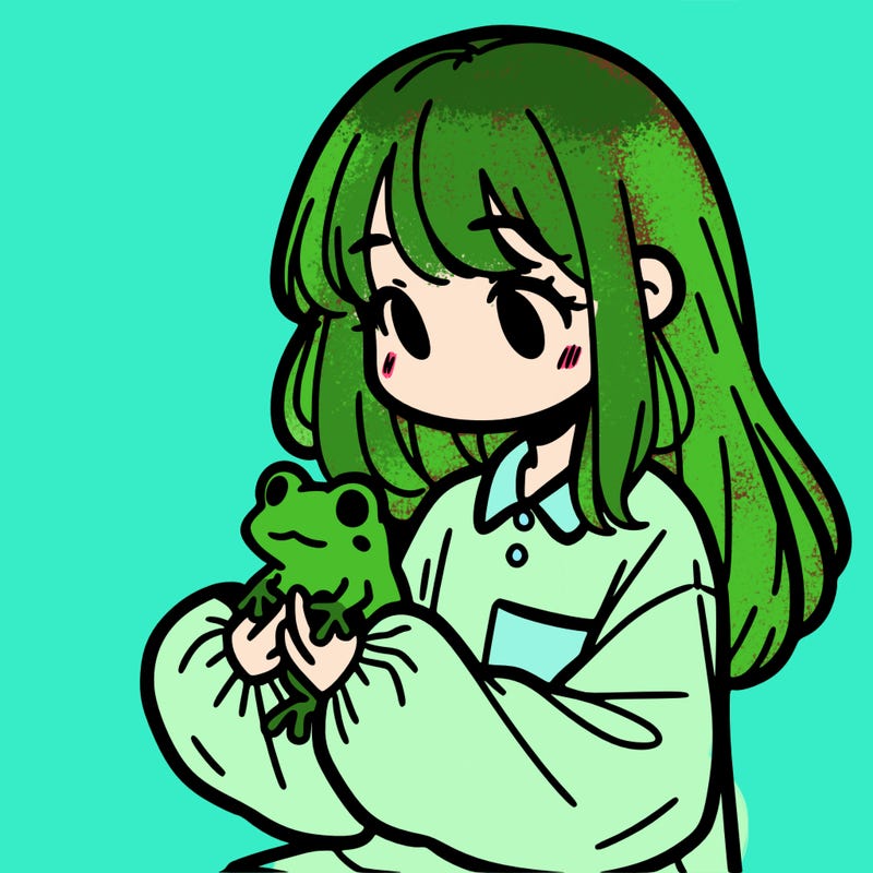 girl with long hair and a oversized shirt. and she is holding a frog