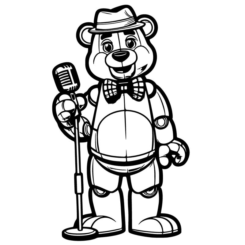 bear animatronic with a bowtie and a hat and a mic