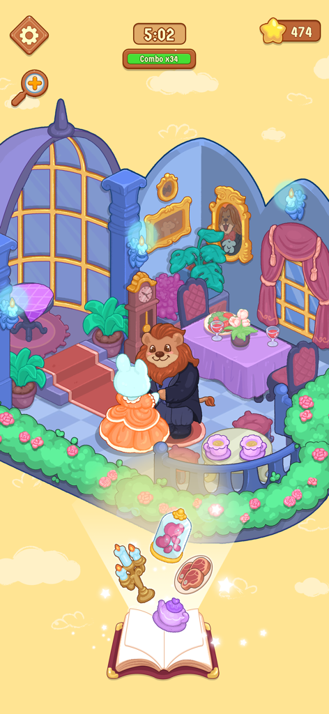 Decorando um salão de baile no jogo Fairy Room Makeover com personagens de contos de fadas e itens de quebra-cabeça.
