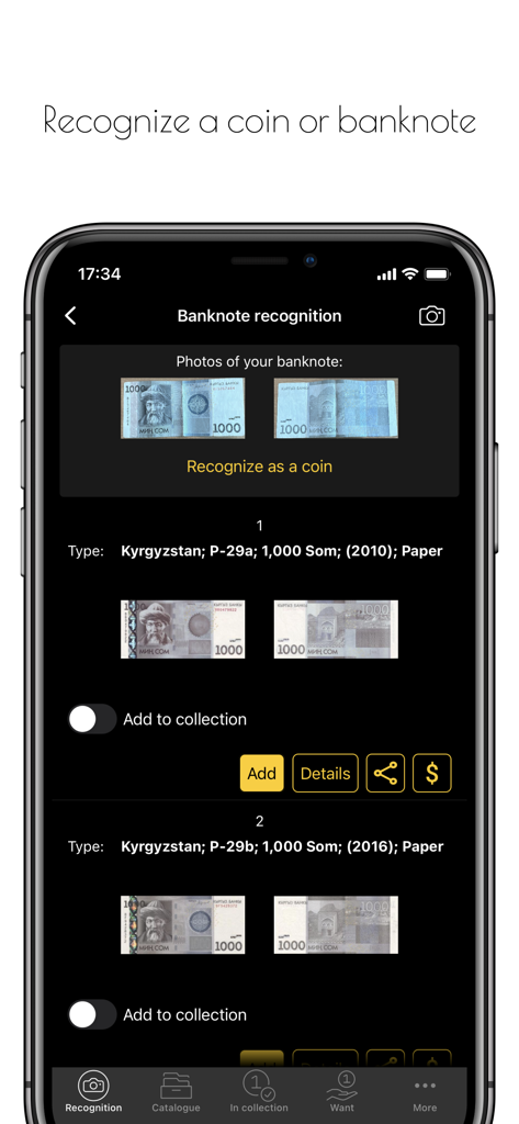 Maktun: Coin, Note Collection - Capture d'écran de l'application Maktun montrant la fonctionnalité de reconnaissance de billets par IA identifiant un billet de 1000 Som du Kirghizistan.