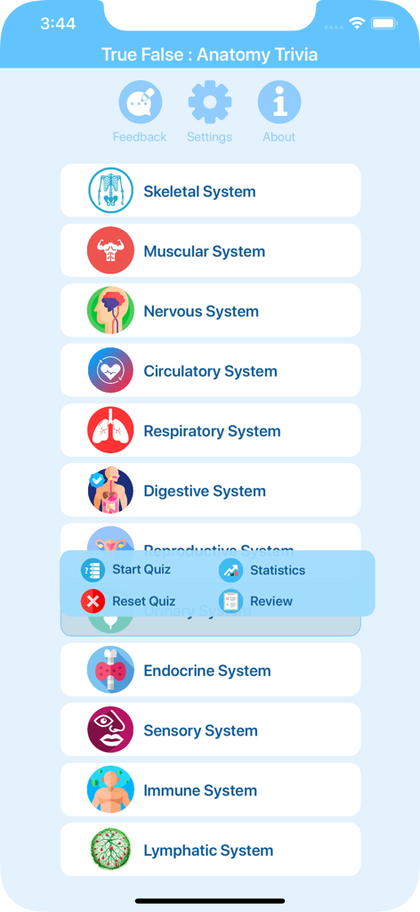 True False : Anatomy Trivia - Menú principal de la aplicación Anatomy Trivia que muestra una lista de sistemas del cuerpo humano y opciones de cuestionarios.