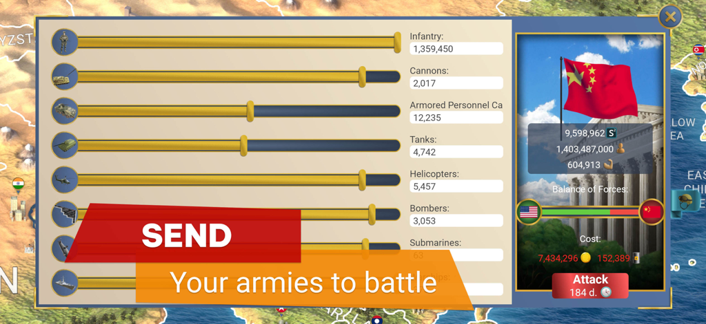 Military deployment screen in MA 2 President Simulator showing army unit management and attack options against China.