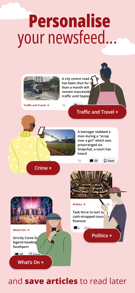 Liverpool Echo app interface showing newsfeed personalization and save for later features